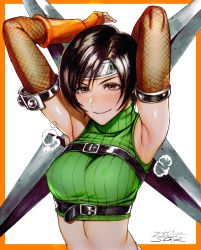 Rule 34 | 1girl, armpits, arms up, artist name, border, breasts, brown eyes, brown hair, closed mouth, crop top, final fantasy, final fantasy vii, fishnets, forehead protector, gloves, headband, highres, holding, holding weapon, huge weapon, looking at viewer, medium breasts, midriff, outside border, ribbed sweater, sgk, short hair, shuriken, signature, simple background, sleeveless, sleeveless turtleneck, smile, solo, steam, sweater, turtleneck, upper body, weapon, white background, yuffie kisaragi
