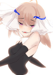 Rule 34 | 1girl, ahoge, bare shoulders, black gloves, black shirt, blush, breasts, brown hair, cluseller, elbow gloves, fangs, female focus, gloves, half-closed eyes, happy, looking at viewer, medium hair, open mouth, original, pink eyes, see-through, shirt, simple background, sketch, sleeveless, sleeveless shirt, small breasts, smile, solo, teeth, veil, white background