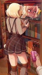 Rule 34 | 1girl, 2019, ^^^, artist name, bad id, bad pixiv id, bag, blonde hair, blush, book, bookshelf, boots, borrowed character, bracelet, clenched teeth, controller, cut-in, discreet vibrator, earrings, facing away, from behind, green eyes, highres, holding, holding book, indoors, jewelry, knee boots, library, light particles, long sleeves, merunyaa, open book, original, patreon username, pearl bracelet, pearl earrings, pixiv username, plaid, plaid skirt, pov, pov hands, pussy juice, reading, remote control, remote control vibrator, sammy (bestsammy), sex toy, short hair, shoulder bag, signature, skirt, solo focus, suspender skirt, suspenders, sweat, teeth, thighhighs, trembling, vibrator, vibrator under clothes, wireless sex toy controller