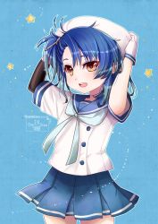 Rule 34 | 1girl, arm warmers, blue background, blue hair, blue neckerchief, blue ribbon, blue skirt, brown eyes, commentary request, cowboy shot, fukae (kancolle), gloves, gradient hair, hat, highres, holding, holding clothes, holding hat, kantai collection, kimura shiki, looking at viewer, multicolored hair, neckerchief, one-hour drawing challenge, pleated skirt, ribbon, school uniform, serafuku, short hair, short sleeves, side ponytail, sidelocks, simple background, single arm warmer, skirt, solo, white gloves