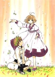 Rule 34 | 1boy, 1girl, absurdres, brown eyes, brown hair, clamp, dress, eye contact, green eyes, highres, indian style, looking at another, outdoors, sakura hime, short hair, sitting, tsubasa chronicle, xiaolang