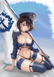 Rule 34 | 1girl, absurdres, arm support, azur lane, baltimore (azur lane), baltimore (finish line flagbearer) (azur lane), bandeau, bikini, black bikini, black choker, blue bandeau, blue footwear, blue hat, blue jacket, boots, braid, breasts, bridal garter, brown hair, choker, cleavage, collarbone, commentary request, cropped jacket, flag, french braid, full body, grin, groin, hair between eyes, hat, highres, jacket, large breasts, looking at viewer, mippei, navel, official alternate costume, open clothes, open jacket, partial commentary, peaked cap, race queen, shadow, short hair, sidelocks, sitting, skindentation, smile, solo, stomach, swimsuit, teeth, thigh boots, underbust, yellow eyes, yokozuwari