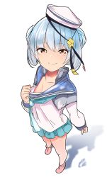 Rule 34 | aqua neckerchief, bad id, bad twitter id, blouse, blue hair, breasts, closed mouth, clothes pull, commentary request, dixie cup hat, double bun, dress, full body, hair between eyes, hair bun, hat, highres, kantai collection, looking at viewer, military hat, naughty face, neckerchief, no bra, sailor dress, samuel b. roberts (kancolle), school uniform, serafuku, shadow, shinomu (cinomoon), shirt, shirt pull, shoes, short hair, simple background, small breasts, solo, star (symbol), white background, white shirt, yellow eyes