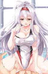 Rule 34 | 1girl, alternate costume, alternate hairstyle, breasts, commentary request, covered erect nipples, girl on top, grey eyes, hairband, high ponytail, highres, impossible clothes, impossible swimsuit, jewelry, kantai collection, kentan (kingtaiki), large breasts, long hair, looking at viewer, one-piece swimsuit, pov, ring, shoukaku (kancolle), silver hair, solo focus, spread legs, straddling, strap slip, swimsuit, taut clothes, taut swimsuit, wedding band, white one-piece swimsuit