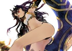 Rule 34 | 1girl, ass, asymmetrical sleeves, bare arms, bare legs, bare shoulders, black detached sleeves, black hair, black panties, black ribbon, breasts, collar, crown, detached sleeves, earrings, fate/grand order, fate (series), female focus, from below, hair ribbon, hoop earrings, ishtar (fate), ishtar (fate), jewelry, leaning, leaning forward, legs, long hair, looking at viewer, looking down, medium breasts, midriff, navel, negi (ulog&#039;be), panties, red eyes, revealing clothes, ribbon, simple background, single sleeve, smile, solo, strapless, tohsaka rin, two side up, type-moon, underwear, uneven sleeves, white background