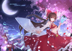 Rule 34 | 1girl, blurry, blurry foreground, bow, breasts, brown hair, cherry blossoms, crescent moon, crop top, detached sleeves, floating hair, frilled bow, frills, hair bow, hair tubes, hakurei reimu, highres, holding, long hair, long skirt, long sleeves, looking at viewer, medium breasts, midriff, moon, navel, night, outdoors, outstretched hand, petals, red bow, red eyes, red skirt, ribbon-trimmed sleeves, ribbon trim, shimutsuki, skirt, solo, standing, stomach, touhou, underboob, very long hair, white sleeves, wide sleeves