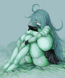 Rule 34 | 1girl, 2b-ge, ahoge, ass, bags under eyes, blush, breasts, curvy, expressionless, female focus, full body, green theme, grey background, hair over one eye, huge breasts, limited palette, long hair, looking at phone, mei (2b-ge), messy hair, miniskirt, object on breast, original, phone, school uniform, shirt, sitting, skindentation, skirt, solo, spot color, standing, thick thighs, thighhighs, thighs, white shirt, white thighhighs, zettai ryouiki