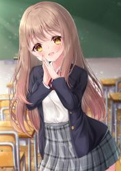 Rule 34 | 1girl, :d, black jacket, blazer, blurry, blurry background, blush, brown hair, chair, classroom, collared shirt, commentary request, depth of field, desk, dress shirt, grey skirt, hands up, head tilt, highres, indoors, jacket, long hair, mirai (happy-floral), open clothes, open jacket, open mouth, original, palms together, plaid, plaid skirt, pleated skirt, school chair, school desk, school uniform, shirt, skirt, smile, solo, very long hair, white shirt, yellow eyes