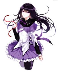 Rule 34 | 1girl, absurdres, akemi homura, bad id, bad pixiv id, black hair, black hairband, black pantyhose, capelet, cowboy shot, cropped legs, hair between eyes, hairband, hand up, highres, holding, holding ribbon, long hair, long sleeves, looking at viewer, mahou shoujo madoka magica, mahou shoujo madoka magica (anime), miniskirt, neck ribbon, pantyhose, petticoat, pleated skirt, purple capelet, purple eyes, purple ribbon, purple skirt, red ribbon, ribbon, sheya, shirt, simple background, skirt, solo, standing, white background, white shirt