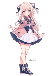 Rule 34 | 1girl, absurdres, artist name, bow, breasts, commission, dress, hair ribbon, highres, hoshifuri iku, indie virtual youtuber, long hair, looking at viewer, pink eyes, prism project, ribbon, shoes, simple background, skirt, smile, solo, thighs, virtual youtuber, white background