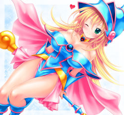 Rule 34 | 1girl, arms behind back, bare shoulders, blonde hair, blue dress, blue footwear, blush, boots, breasts, choker, cleavage, collarbone, dark magician girl, detached sleeves, dress, duel monster, dutch angle, female focus, green eyes, hat, heart, highres, kogarashi (wind of winter), large breasts, long hair, no panties, one eye closed, pelvic curtain, pentacle, side slit, skirt, smile, solo, wand, wink, wizard hat, yu-gi-oh!, yuu-gi-ou, yu-gi-oh! duel monsters