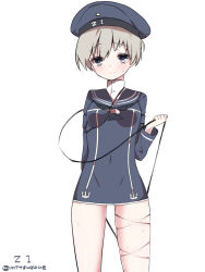 Rule 34 | 10s, 1girl, bad id, bad pixiv id, bare legs, blonde hair, blue dress, blue eyes, cowboy shot, dress, hat, kantai collection, long sleeves, looking at viewer, mitsudoue, neckerchief, sailor collar, sailor dress, sailor hat, short hair, simple background, smile, solo, sweat, twitter username, white background, z1 leberecht maass (kancolle)