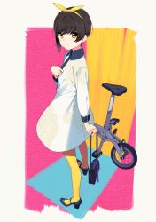 Rule 34 | 1girl, bag, bicycle, black footwear, brown hair, closed mouth, dress, floral print, from side, full body, hair ribbon, hairband, handbag, high heels, holding, long sleeves, looking at viewer, looking back, mary janes, original, pantyhose, ribbon, shoes, short hair, solo, ssberit, white dress, yellow eyes, yellow pantyhose, yellow ribbon