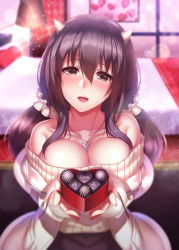 Rule 34 | 1girl, alternate costume, azur lane, bare shoulders, bed, black hair, blurry, blush, breasts, brown eyes, cardigan, cleavage, collarbone, commentary request, fingerless gloves, gloves, hair between eyes, head tilt, highres, horns, indoors, jewelry, ken ill, large breasts, long hair, looking at viewer, nagara (azur lane), necklace, nose blush, off shoulder, oni horns, open mouth, sidelocks, smile, solo, sparkle, sweater, twintails, valentine, white sweater