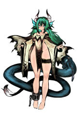 Rule 34 | 1girl, absurdres, bare shoulders, barefoot, black capelet, breasts, capelet, chain, chinese commentary, commentary request, cuffs, dragon girl, fins, fur-tipped tail, green eyes, green hair, head fins, highres, horns, long hair, long sleeves, looking at viewer, medium breasts, nail polish, no pants, no pupils, original, robe, shackles, smile, solo, sora sakura, tail belt, thigh strap, underboob, very long tail, white background