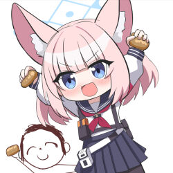 Rule 34 | 1boy, 1girl, :d, animal ear fluff, animal ears, arms up, doodle sensei (blue archive), belt, belt pouch, black pantyhose, black skirt, blue archive, blue eyes, chibi, commentary request, dual wielding, food, fox ears, fox girl, hair between eyes, halo, holding, holding food, inarizushi, long sleeves, looking at viewer, medium hair, niko (blue archive), o (rakkasei), open mouth, pantyhose, pink hair, pleated skirt, pouch, school uniform, sensei (blue archive), serafuku, shoulder strap, sidelocks, simple background, skirt, smile, sushi, white background