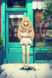 Rule 34 | 1girl, bag, bakery, bare legs, blonde hair, blouse, bread, brick, building, carrying, collarbone, day, door, dress, expressionless, food, full body, highres, holding, holding food, light frown, long hair, looking at viewer, original, outdoors, pastry, pavement, plant, plastic bag, potted plant, see-through, shirt, shoes, shop, short shorts, shorts, shorts under dress, silhouette, solo, standing, storefront, very long hair, white footwear, white shirt, window, yellow eyes, yohan12