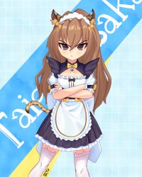 Rule 34 | 1girl, absurdres, aisaka taiga, animal ears, apron, bell, black skirt, blue background, bow, bowtie, brown eyes, brown hair, character name, closed mouth, commentary, crossed arms, english commentary, hair between eyes, highres, jingle bell, light blush, long hair, looking at viewer, maid, maid apron, maid headdress, pout, short sleeves, signature, skirt, solo, standing, tail, thighhighs, tiger ears, tiger tail, toradora!, unusualpie, v-shaped eyebrows, white thighhighs, yellow bow