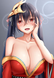 Rule 34 | 1girl, :d, azur lane, bad id, bad pixiv id, bare shoulders, black hair, blush, breasts, cleavage, collarbone, crossed bangs, hair between eyes, hand on own face, japanese clothes, large breasts, long hair, looking at viewer, open mouth, red eyes, smile, solo, taihou (azur lane), tapisuke, twintails, upper body