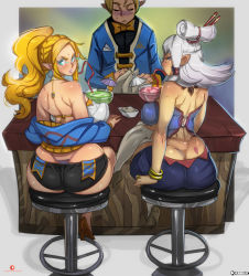 Rule 34 | 1boy, 2girls, absurdres, alcohol, ass, bar (place), bar stool, blonde hair, blue eyes, blush, breasts, butt crack, cocktail, cocktail glass, cup, dimples of venus, drinking glass, eyeshadow, high heels, highres, huge breasts, kamina1978, crossed legs, link, lipstick, looking at viewer, looking back, makeup, multiple girls, nintendo, paya (zelda), pointy ears, ponytail, princess zelda, short shorts, shorts, sitting, stool, tattoo, the legend of zelda, thong, whale tail (clothing), white hair