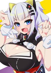 Rule 34 | 1girl, armpits, bare shoulders, blue eyes, blush, breasts, cleavage, cleavage cutout, clothing cutout, dress, hair ornament, hairclip, kaguya luna, kuro mushi, large breasts, long hair, looking at viewer, obi, open mouth, sash, sleeveless, sleeveless dress, solo, the moon studio, thighhighs, twintails, virtual youtuber, white background