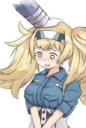 Rule 34 | 1girl, blonde hair, blue shirt, breast pocket, breasts, enjaku izuku, flying sweatdrops, gambier bay (kancolle), hair between eyes, hand on another&#039;s head, headpat, highres, kantai collection, large breasts, long hair, open mouth, pocket, shirt, simple background, single hand, solo focus, twintails, upper body, white background
