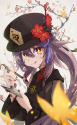 Rule 34 | 1girl, :p, black coat, black hat, black nails, blurry, brown hair, calligraphy brush, closed mouth, coat, depth of field, flower, flower-shaped pupils, genshin impact, goemon cc2, hair between eyes, hat, hat flower, hat tassel, highres, holding, holding brush, holding notebook, hu tao (genshin impact), jewelry, long hair, long sleeves, looking at viewer, multiple rings, notebook, orange eyes, paintbrush, ring, solo, symbol-shaped pupils, tongue, tongue out, twintails, upper body, white background