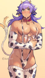 Rule 34 | 1boy, alternate costume, animal ears, animal print, bell, blush, bottle, bulge, closed mouth, collar, commentary request, cow ears, cow print, cow tail, creatures (company), dark-skinned male, dark skin, detached sleeves, facial hair, game freak, glass bottle, highres, holding, holding bottle, horns, leon (pokemon), long hair, looking at viewer, male focus, meiji (meiji770), motion blur, motion lines, navel, neck bell, nintendo, pectorals, pokemon, pokemon swsh, purple hair, red collar, slingshot swimsuit, solo, swimsuit, tail, tail wagging, thighhighs, yellow eyes
