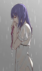 Rule 34 | 1girl, cowboy shot, closed eyes, fate (series), from side, grey background, holding, holding ribbon, iceky, long hair, matou sakura, purple hair, rain, ribbon, see-through, solo, wet, wet clothes
