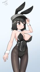 Rule 34 | 1girl, absurdres, akitsu maru (kancolle), alternate costume, animal ears, black eyes, black hair, black leotard, black pantyhose, breasts, dated, detached collar, feet out of frame, gluteal fold, gradient background, grey background, grey eyes, hat, highres, kantai collection, large breasts, leotard, looking to the side, maru (marg0613), military hat, one-hour drawing challenge, pale skin, pantyhose, peaked cap, playboy bunny, rabbit ears, rabbit tail, short hair, solo, standing, strap slip, strapless, strapless leotard, tail, twitter username, white background, wrist cuffs