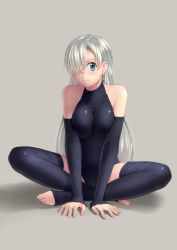 Rule 34 | 10s, 1girl, arm support, barefoot, black gloves, black thighhighs, bodysuit, breasts, covered collarbone, covered erect nipples, earrings, elizabeth liones, feet, fingerless gloves, full body, gloves, grey background, hair over one eye, halterneck, happy, jewelry, kai (link2262), leotard, long hair, looking at viewer, nanatsu no taizai, navel, shadow, silver hair, simple background, sitting, smile, solo, spread legs, tail, thighhighs, thighs, toeless legwear, toes, very long hair