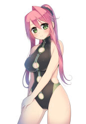 Rule 34 | 1girl, arima kanae, black one-piece swimsuit, blush, breasts, cleavage, cleavage cutout, clothing cutout, green eyes, jewelry, kashiwamochi yomogi, large breasts, long hair, mature female, one-piece swimsuit, original, pink hair, ponytail, ring, simple background, smile, solo, swimsuit, wedding band, wet