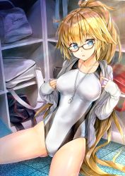 Rule 34 | 1girl, bag, blonde hair, blue eyes, blush, collarbone, commentary request, competition swimsuit, fate/grand order, fate (series), glasses, hair tie, jacket, jacket on shoulders, jacket over swimsuit, jeanne d&#039;arc (fate), jeanne d&#039;arc (ruler) (fate), jeanne d&#039;arc (swimsuit archer) (fate), jeanne d&#039;arc (swimsuit archer) (second ascension) (fate), koyuki (kotatsu358), light particles, light rays, locker, locker room, long hair, looking at viewer, nail polish, on floor, one-piece swimsuit, open mouth, ponytail, sitting, sleeves past wrists, solo, swimsuit, swimsuit under clothes, very long hair, whistle, white one-piece swimsuit