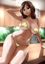 Rule 34 | 1girl, arm behind head, between breasts, bikini, bracelet, breasts, brown eyes, brown hair, curvy, eyebrows hidden by hair, feet out of frame, highres, indoors, jewelry, large breasts, leaning to the side, medium hair, midriff, navel, necklace, nekoguchi, original, parted lips, pearl necklace, skindentation, solo, stomach, swimsuit, thick thighs, thighs, underboob, yellow bikini