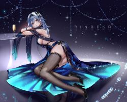 Rule 34 | 1girl, alcohol, alternate costume, artist name, ass, backless dress, backless outfit, black gloves, black hairband, black thighhighs, blue dress, blue hair, blurry, breasts, champagne, champagne flute, commission, cup, depth of field, dress, drinking glass, eula (genshin impact), full body, genshin impact, gloves, hair ornament, hairband, high heels, highres, looking at viewer, medium breasts, medium hair, moire, purple eyes, ringeko-chan, sideboob, solo, space print, sparkle, starry sky print, thighhighs