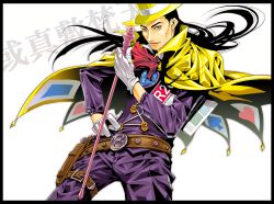 Rule 34 | 1boy, ace attorney, apollo justice: ace attorney, belt, belt buckle, belt pouch, black hair, brown eyes, buckle, cape, cheekbones, gem (symbol), gloves, hand on own hip, hat, heart, long hair, long sleeves, male focus, newspaper, pouch, red neckwear, saint onii-san, simple background, soie, solo, spade (shape), standing, thigh strap, top hat, valant gramarye, wand, white background, white gloves, yellow cape, yellow hat