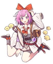 Rule 34 | 1girl, atashi-tachi no happy end (project sekai), belt, bird, blush, boots, bow, bowtie, brown belt, brown footwear, chick, cocov, flask, grey corset, highres, jacket, ootori emu, open mouth, pink eyes, pink hair, project sekai, red bow, red bowtie, round-bottom flask, simple background, sitting, smile, solo, wariza, white background, white jacket