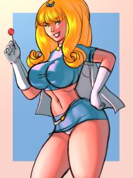 Rule 34 | artist request, blonde hair, blue bow, bow, candy, cape, capitana galaxia, crop top, eyebrows hidden by hair, food, hand on own hip, lollipop, microskirt, midriff, navel, non-web source, panties, pantyshot, simple background, skirt, smile, underwear, white panties