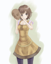 Rule 34 | 1girl, bad id, bad pixiv id, black pantyhose, breasts, brown eyes, brown hair, cleavage, dress, fatal frame, fatal frame 4, female focus, gradient background, mask, minazuki ruka, nora-uni, pantyhose, short hair, small breasts, solo, white background