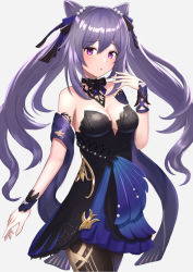 Rule 34 | 1girl, bare shoulders, beads, black dress, black pantyhose, black ribbon, blue dress, bow choker, bracer, breasts, commentary request, cone hair bun, cowboy shot, double bun, dress, genshin impact, gold trim, hair bun, hair ears, hair ribbon, highres, keqing (genshin impact), keqing (opulent splendor) (genshin impact), light blush, long hair, looking at viewer, medium breasts, multicolored clothes, multicolored dress, official alternate costume, official alternate hairstyle, pantyhose, parted lips, pearl hair ornament, purple eyes, purple hair, ribbon, simple background, solo, sonsup124, two-tone dress, white background