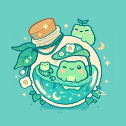Rule 34 | bottle, cork, corked bottle, crescent moon, emily kim, flower, frog, glass bottle, green background, green theme, highres, leaf, lily pad, moon, no humans, original, pastel colors, potion, simple background, sparkle, sprout, sprout on head, twitter username, white flower