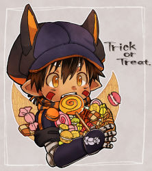Rule 34 | 1boy, brown hair, candy, chocolate, chocolate bar, commentary request, eating, facial mark, fang, food, grey background, hair between eyes, halloween, hat, highres, holding, holding candy, holding food, kemonomimi mode, lollipop, made in abyss, male focus, mechanical arms, open mouth, pointy ears, regu (made in abyss), scarf, short sleeves, slit pupils, solo, striped clothes, striped scarf, trick or treat, usuki (usukine1go), yellow eyes