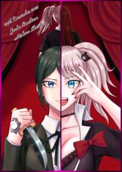 Rule 34 | 3girls, absurdres, bear hair ornament, black bow, black choker, black hair, black ribbon, black shirt, blonde hair, blue eyes, bow, bowtie, bra, breasts, brown coat, brown jacket, choker, cleavage, closed mouth, coat, collarbone, collared shirt, curtains, danganronpa, danganronpa/zero, danganronpa: trigger happy havoc, danganronpa (series), dated, english text, enoshima junko, eyebrows, eyelashes, fingernails, freckles, hair bow, hair ornament, hand tattoo, hand up, highres, holding, holding knife, holding weapon, ikusaba mukuro, jacket, knife, long hair, long sleeved jacket, long sleeves, looking at viewer, medium hair, mirror image, multiple girls, nail polish, neck ribbon, open mouth, otonashi ryouko, red background, red bow, red hair, red nails, ribbon, shiny skin, shirt, short sleeves, siblings, sisters, split screen, tattoo, teeth, tongue, twins, twintails, underwear, upper body, upper teeth only, weapon, white bow, white shirt