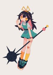 Rule 34 | 1girl, :o, @ @, absurdres, ahoge, aqua bow, aqua overalls, arm at side, bad id, bad tumblr id, bandaid, bandaid on arm, bandaid on knee, bandaid on leg, belt, belt buckle, black belt, black hair, blue footwear, bow, bracelet, buckle, collared shirt, colored inner hair, contrapposto, cross-laced footwear, daizu (melon-lemon), dot nose, dress shirt, footwear bow, from side, full body, grey background, hair between eyes, hair ribbon, hairband, hand up, head tilt, highres, holding, holding weapon, jewelry, jitome, kneehighs, legs together, limited palette, long hair, long legs, looking at viewer, looking to the side, mace, multicolored hair, open mouth, original, overall shorts, overalls, platform footwear, ribbon, shirt, shoes, short sleeves, sidelocks, simple background, sneakers, socks, solo, spike ball, spiked bracelet, spiked mace, spikes, standing, streaked hair, tearing up, two-tone hair, w, weapon, white shirt, wing collar, yellow eyes, yellow hairband, yellow ribbon, yellow socks