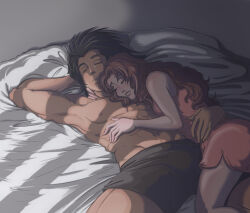 Rule 34 | 1boy, 1girl, absurdres, aerith gainsborough, bed sheet, black hair, black shorts, brown hair, closed eyes, couple, crisis core final fantasy vii, cuddling, final fantasy, final fantasy vii, final fantasy vii remake, hetero, highres, hug, indoors, lying, on back, on person, parted bangs, parted lips, pink shorts, pink tank top, setoangel01, shorts, sidelocks, sleeping, spiked hair, square enix, tank top, toned, toned male, topless male, zack fair