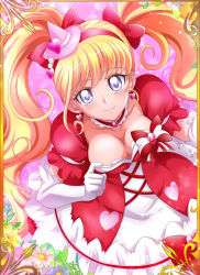 Rule 34 | 1girl, asahina mirai, blonde hair, blush, breasts, card (medium), choker, cleavage, closed mouth, collarbone, cure miracle, cure miracle (ruby style), dress, elbow gloves, gloves, hair between eyes, hair ornament, hanzou, hat, hat ornament, heart, heart choker, heart hair ornament, heart hat ornament, highres, long hair, looking at viewer, mahou girls precure!, medium breasts, mini hat, pink hat, precure, purple eyes, red dress, ruby style, smile, solo, twintails, two-tone dress, very long hair, white dress, white gloves