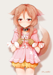 Rule 34 | 1girl, animal ears, bad id, bad pixiv id, blush, brown gloves, brown hair, character request, collarbone, commentary request, ears down, fingers together, fox ears, fox girl, fox tail, fur-trimmed gloves, fur trim, gloves, grey background, hair between eyes, hood, hood down, index fingers together, long hair, macchiato (jae-min cho), ouka miko, pink shirt, puffy shorts, red eyes, resolution mismatch, shirt, short shorts, short sleeves, shorts, simple background, solo, source larger, sweat, tail, twitter username, utau, virtual youtuber, yellow shorts