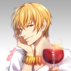 Rule 34 | 1boy, ahngkeut, alcohol, blonde hair, bracelet, closed mouth, cup, drinking glass, fate/zero, fate (series), gilgamesh (fate), gradient background, grey background, hand on own cheek, hand on own face, holding, holding cup, holding drinking glass, jewelry, male focus, necktie, official alternate costume, red eyes, shirt, smile, solo, twitter username, upper body, v-shaped eyebrows, white shirt, wine, wine glass