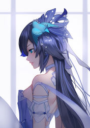 Rule 34 | 1girl, arm scrunchie, backless dress, backless outfit, backlighting, bare shoulders, bird hair ornament, blue eyes, blue hair, blush, commentary, dress, expressionless, eyebrows hidden by hair, freze, from side, fu hua, fu hua (azure empyrea), fu hua (cerulean court), hair ornament, halterneck, highres, honkai (series), honkai impact 3rd, indoors, long hair, looking away, profile, solo, standing, upper body, very long hair, window