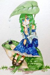 Rule 34 | 1girl, after rain, animal, bare shoulders, black footwear, blue eyes, blue skirt, cacts (pikasan), head rest, closed mouth, detached sleeves, dripping, eyelashes, frilled skirt, frills, frog, grass, green hair, grey background, hair between eyes, hair ornament, holding, holding leaf, japanese clothes, kochiya sanae, leaf, leaf umbrella, long hair, long skirt, long sleeves, looking at viewer, mary janes, nontraditional miko, outdoors, shirt, shoes, sitting, sitting on animal, skirt, smile, snake hair ornament, tareme, touhou, traditional media, white shirt, wide sleeves
